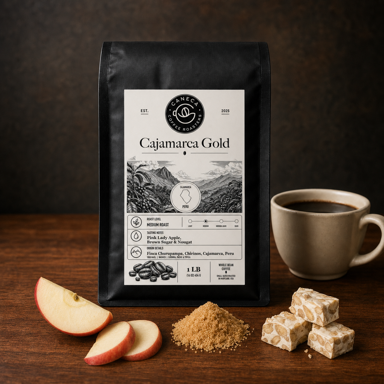 Cajamarca Gold coffee with Pink Lady apple brown sugar and nougat tasting notes