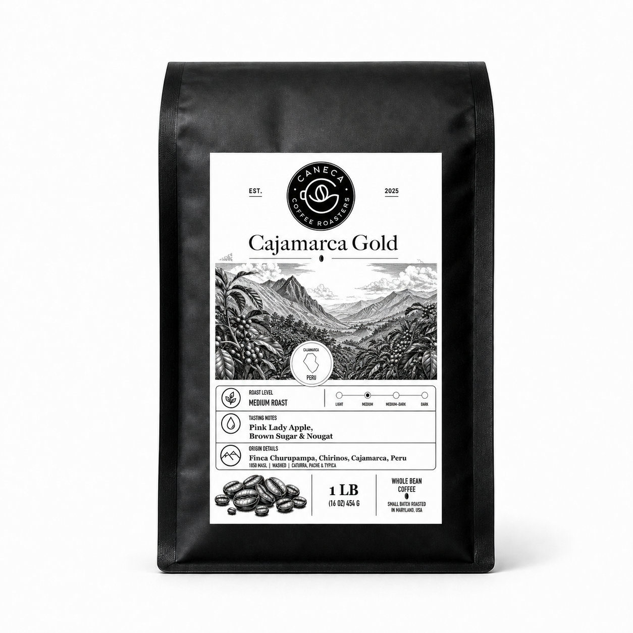 CANECA Coffee Roasters Cajamarca Gold medium roast whole bean coffee bag