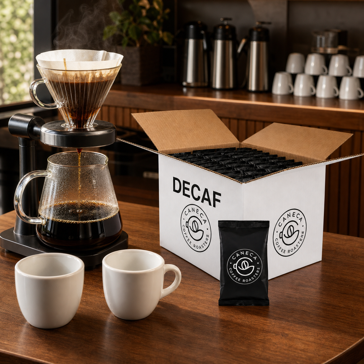 CANECA DECAF fractional packs with glass-carafe brewer for hospitality service
