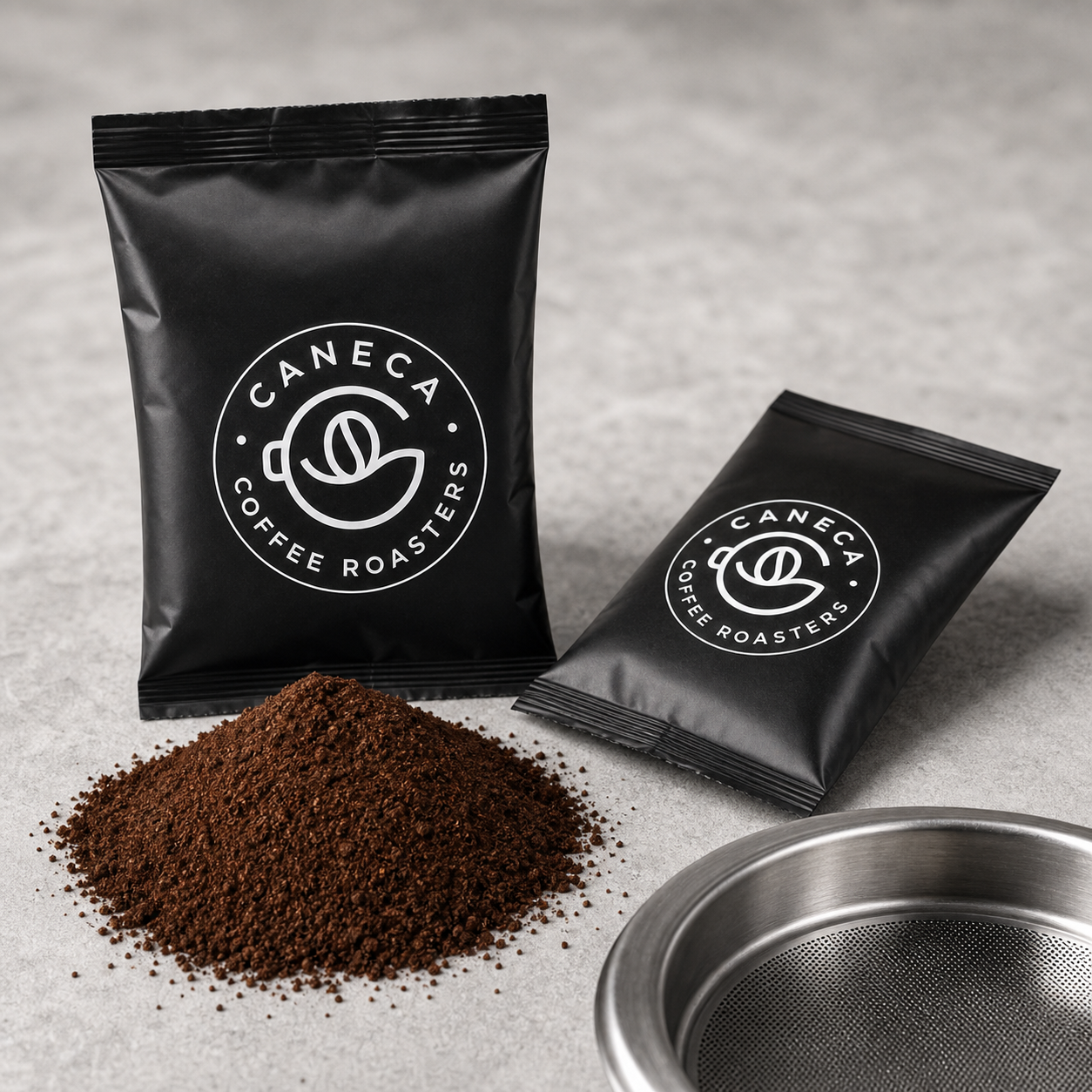 CANECA DECAF fractional packs with pre-ground coffee and commercial filter basket