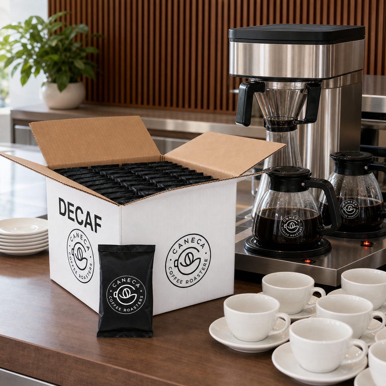 CANECA DECAF case with commercial brewer carafes and guest-ready coffee cups