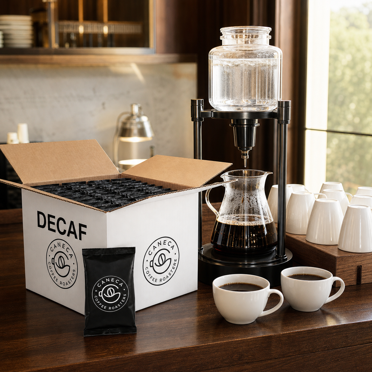CANECA DECAF fractional packs at a restaurant or bed-and-breakfast coffee station