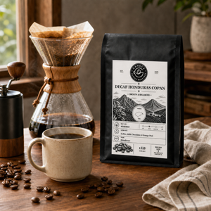Decaf Honduras Copan coffee bag with pour-over brewer and freshly brewed coffee