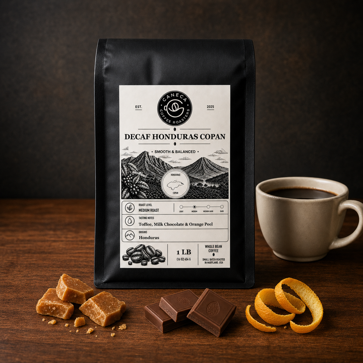 Decaf Honduras Copan coffee with toffee milk chocolate and orange peel tasting notes