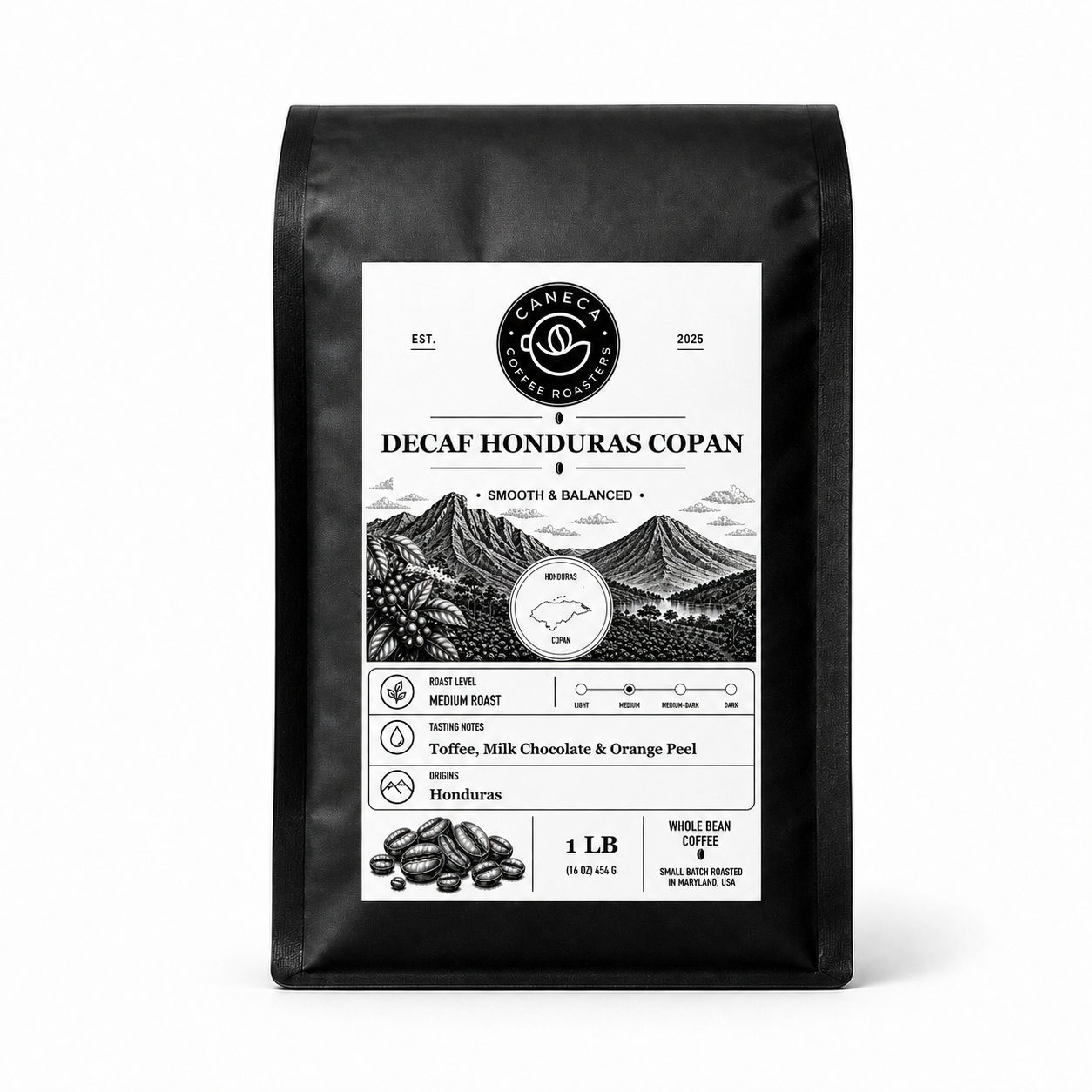 CANECA Coffee Roasters Decaf Honduras Copan medium roast whole bean coffee bag