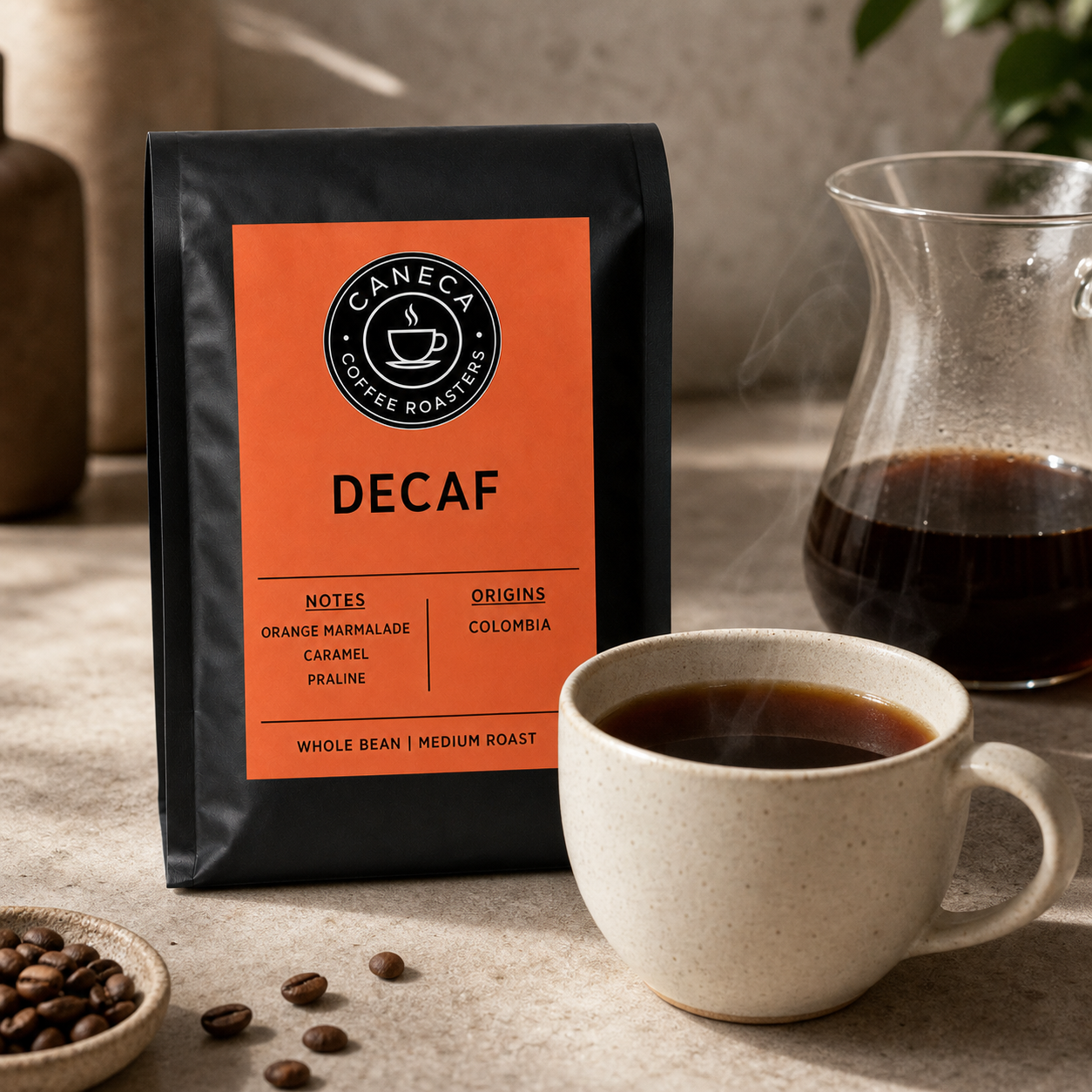 CANECA DECAF medium roast coffee beside a freshly brewed cup