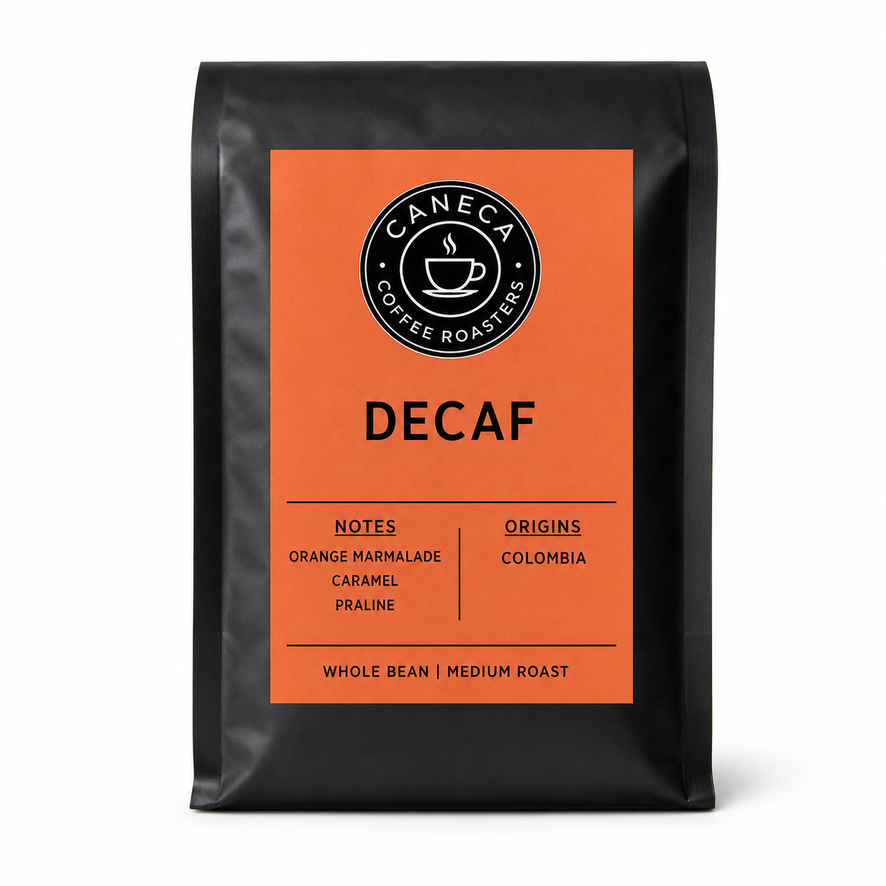 CANECA DECAF whole bean medium roast coffee bag on a white background