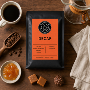 Overhead flat lay of CANECA DECAF coffee, pour-over tools and tasting notes