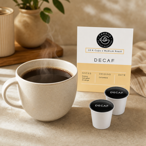 CANECA Decaf medium roast K-Cups beside a freshly brewed cup