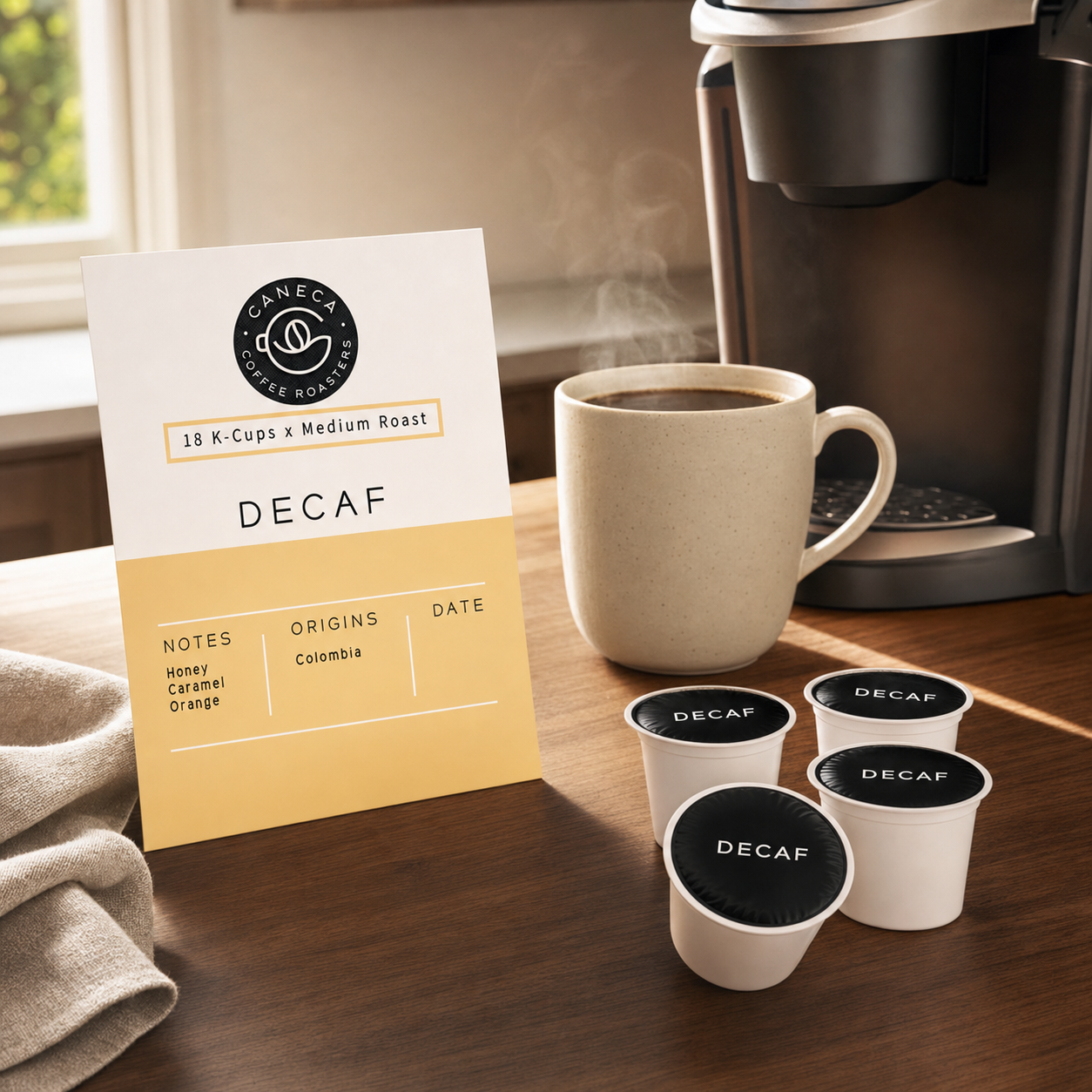 CANECA Decaf medium roast K-Cups with single-serve brewer and coffee