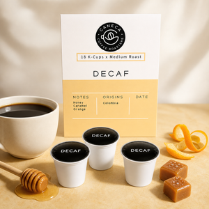 CANECA Decaf K-Cups with honey caramel and orange tasting-note cues