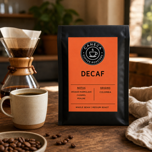 CANECA DECAF medium roast coffee with pour-over brewer and ceramic cup