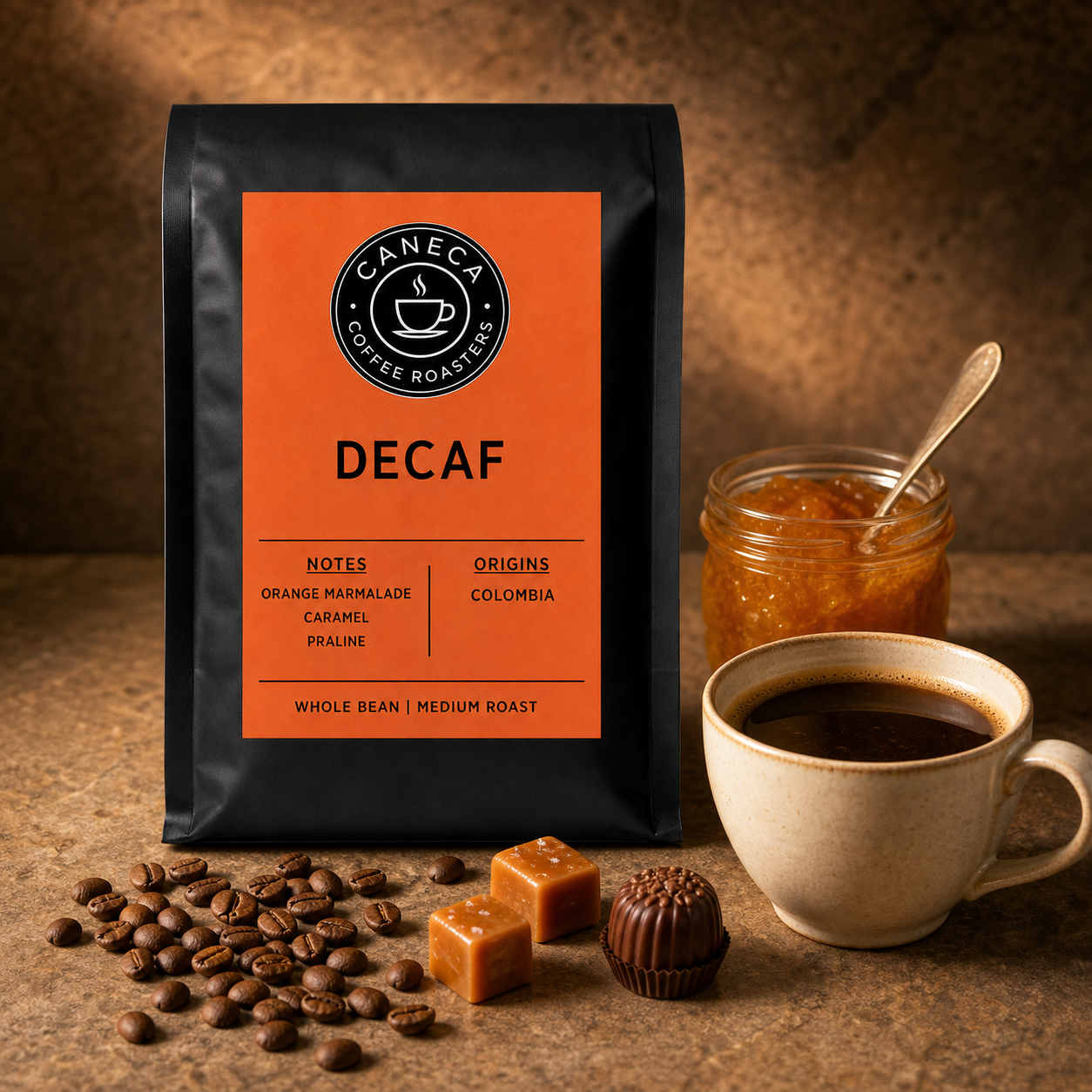 CANECA DECAF with orange marmalade, caramel and praline tasting-note cues