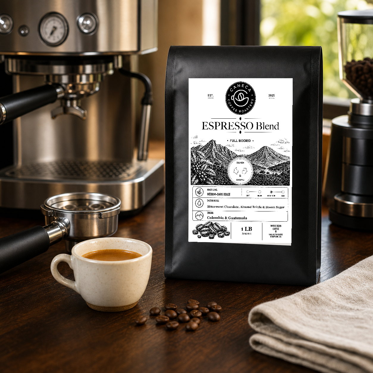 CANECA Espresso Blend coffee bag with espresso machine, portafilter and freshly brewed espresso