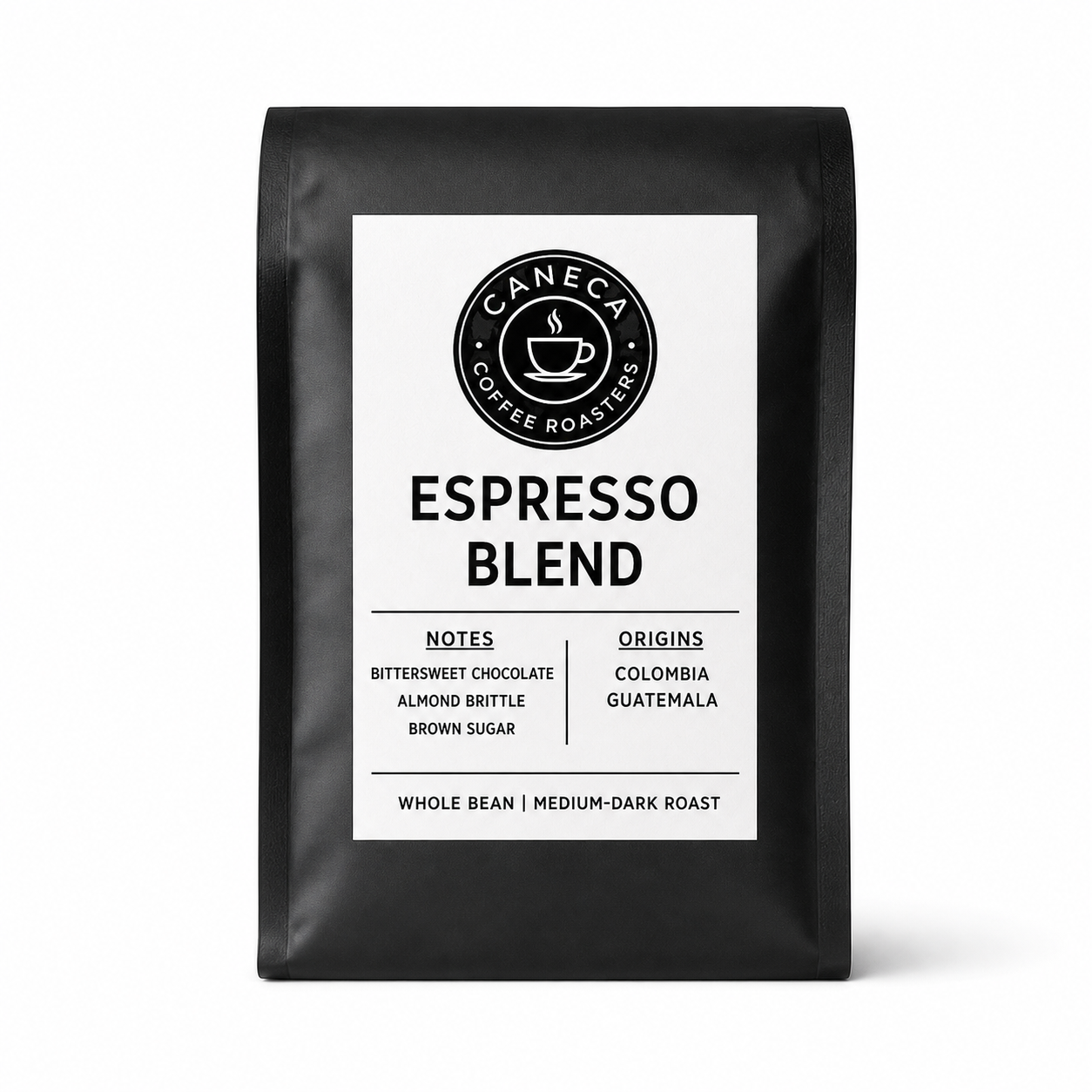 CANECA Espresso Blend whole bean medium-dark roast coffee bag on a white background