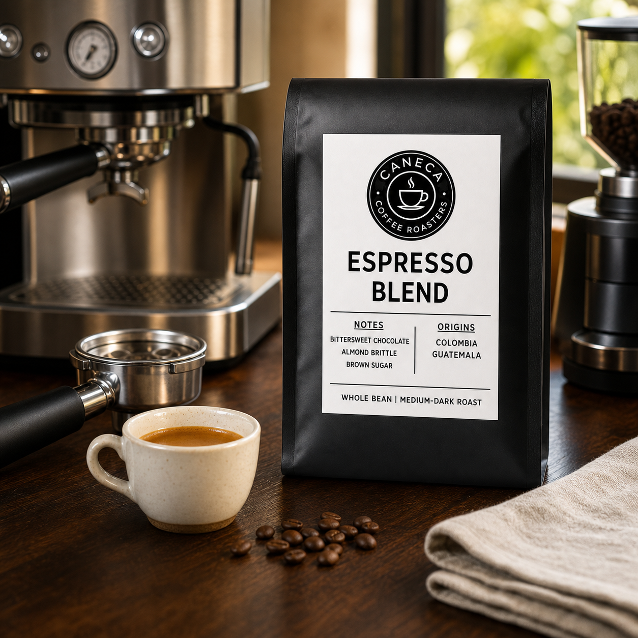 CANECA Espresso Blend medium-dark roast coffee with espresso machine, portafilter and cup
