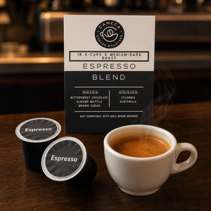 CANECA Espresso Blend K-Cups beside a freshly brewed espresso shot