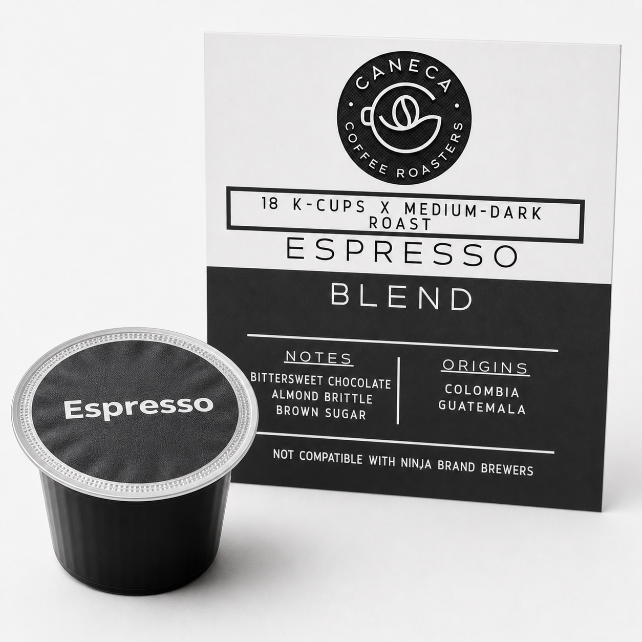 Close-up of a CANECA Espresso Blend single-serve coffee pod