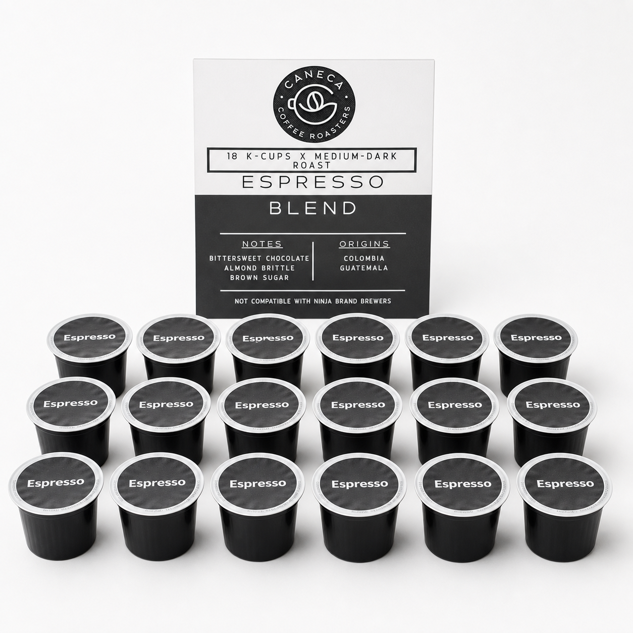 CANECA Espresso Blend medium-dark roast 18 K-Cups with product information card