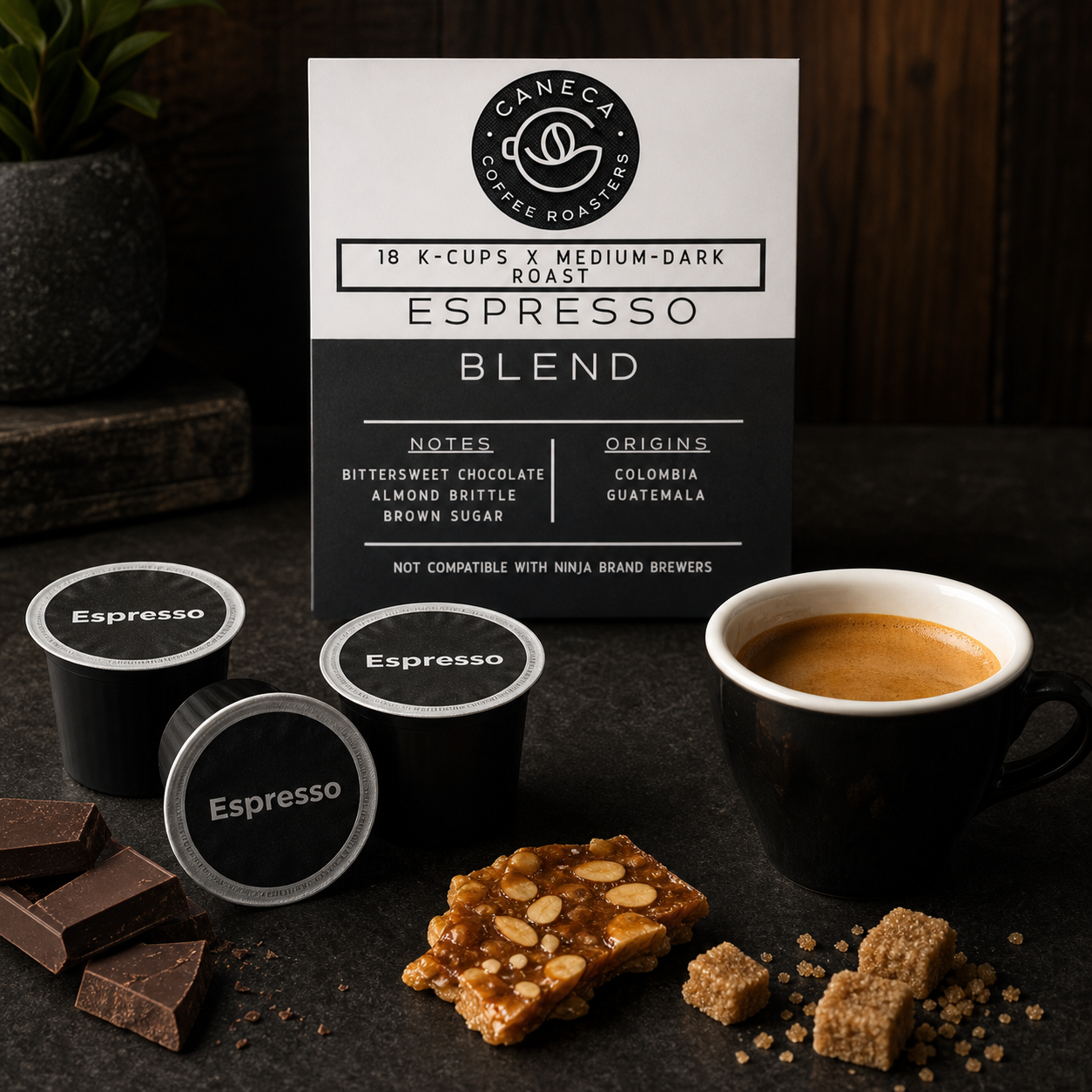 CANECA Espresso K-Cups with bittersweet chocolate almond brittle and brown sugar cues