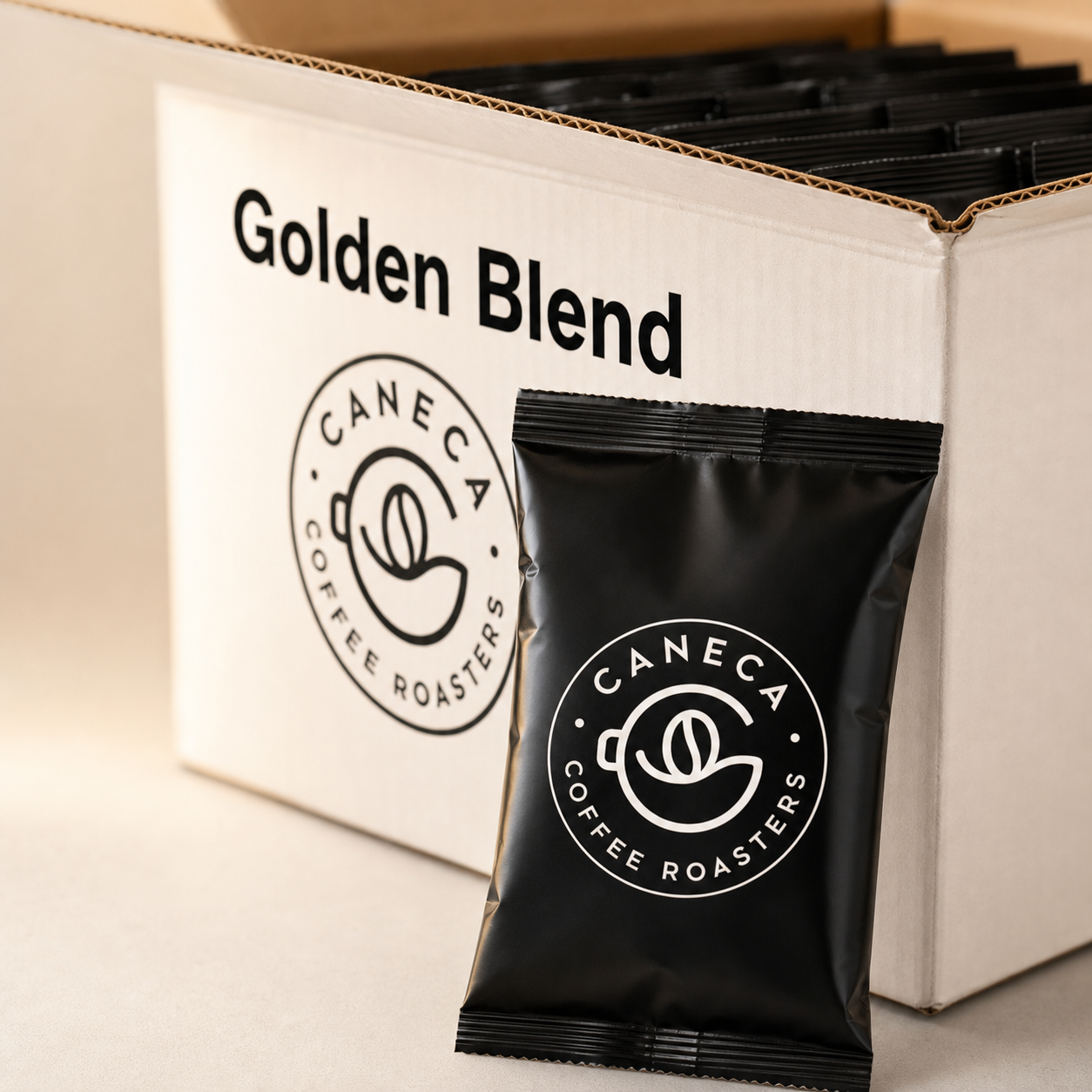 Close-up of a CANECA pre-ground Golden Blend fractional coffee pack