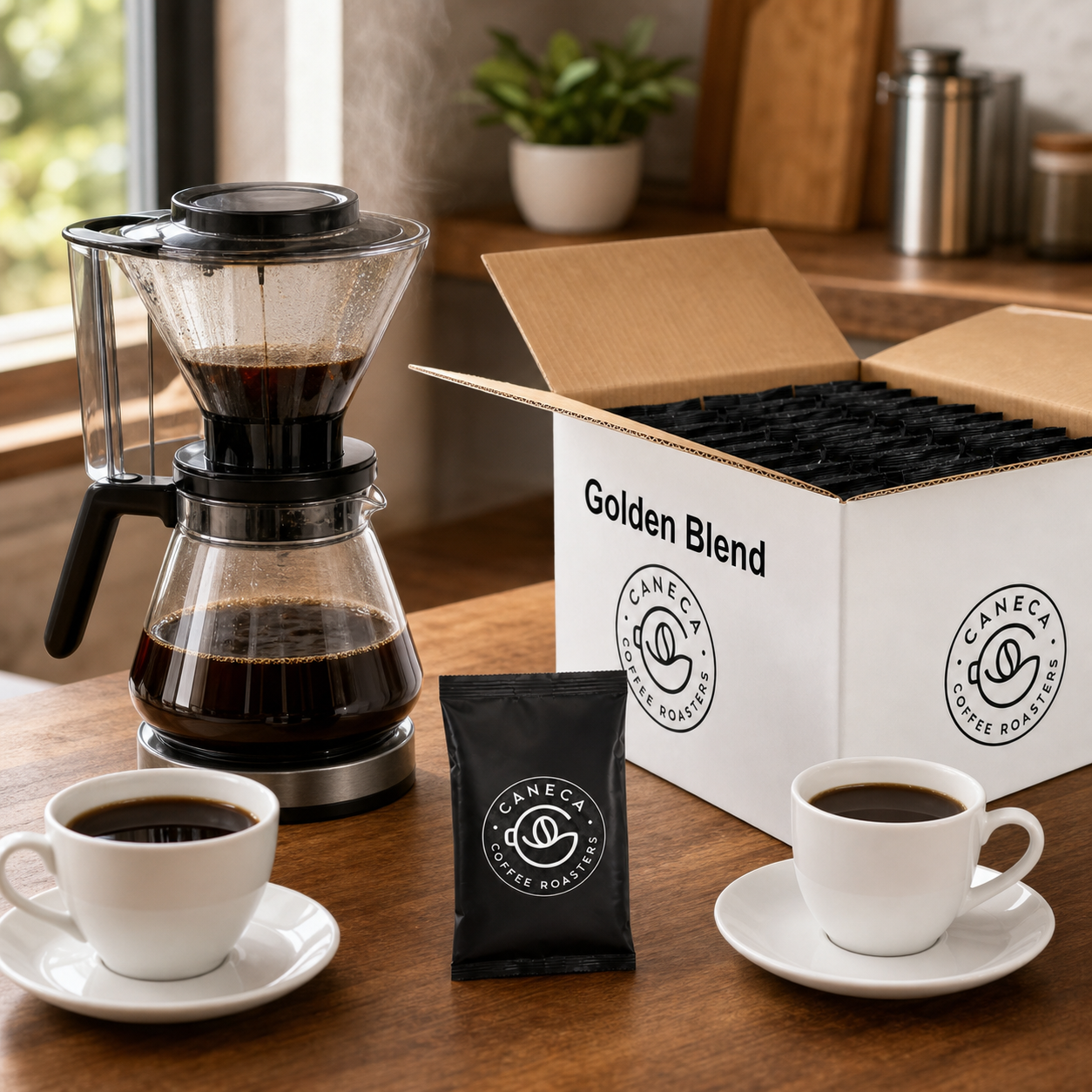 CANECA Golden Blend fractional packs with glass-carafe brewer for hospitality service