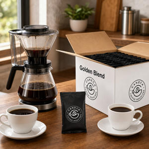 CANECA Golden Blend fractional packs with glass-carafe brewer for hospitality service