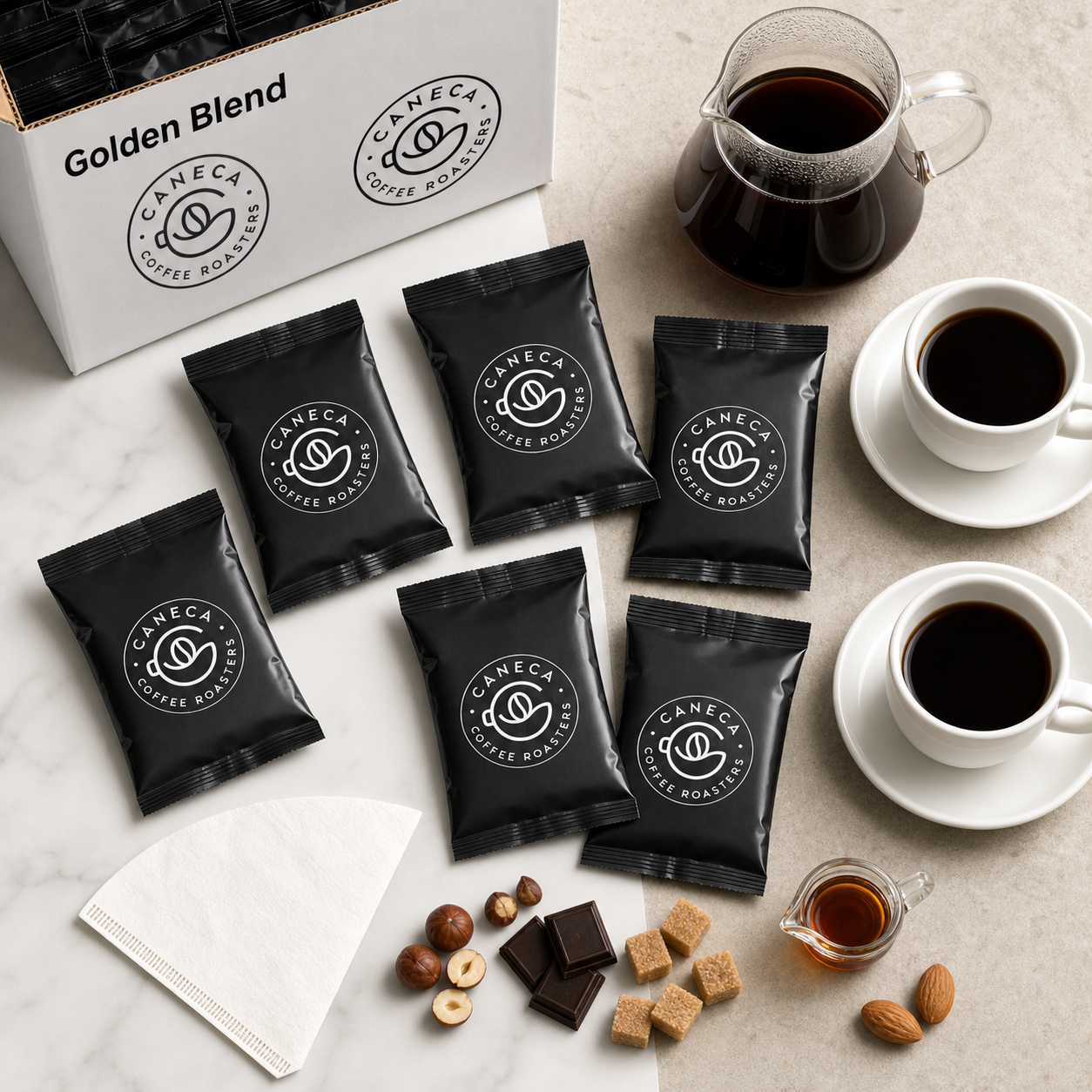 Overhead hospitality flat lay of CANECA Golden Blend fractional packs and tasting notes