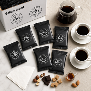 Overhead hospitality flat lay of CANECA Golden Blend fractional packs and tasting notes
