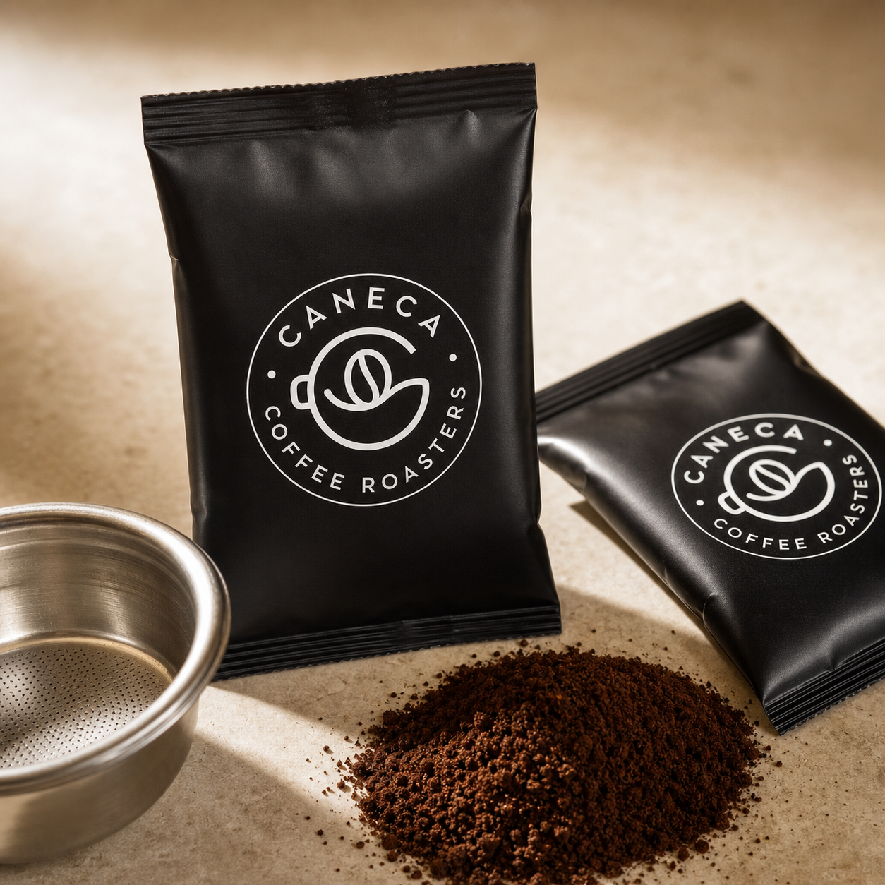CANECA Golden Blend fractional packs with pre-ground coffee and commercial filter basket