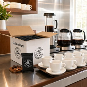 CANECA Golden Blend case with commercial brewer carafes and guest-ready coffee cups