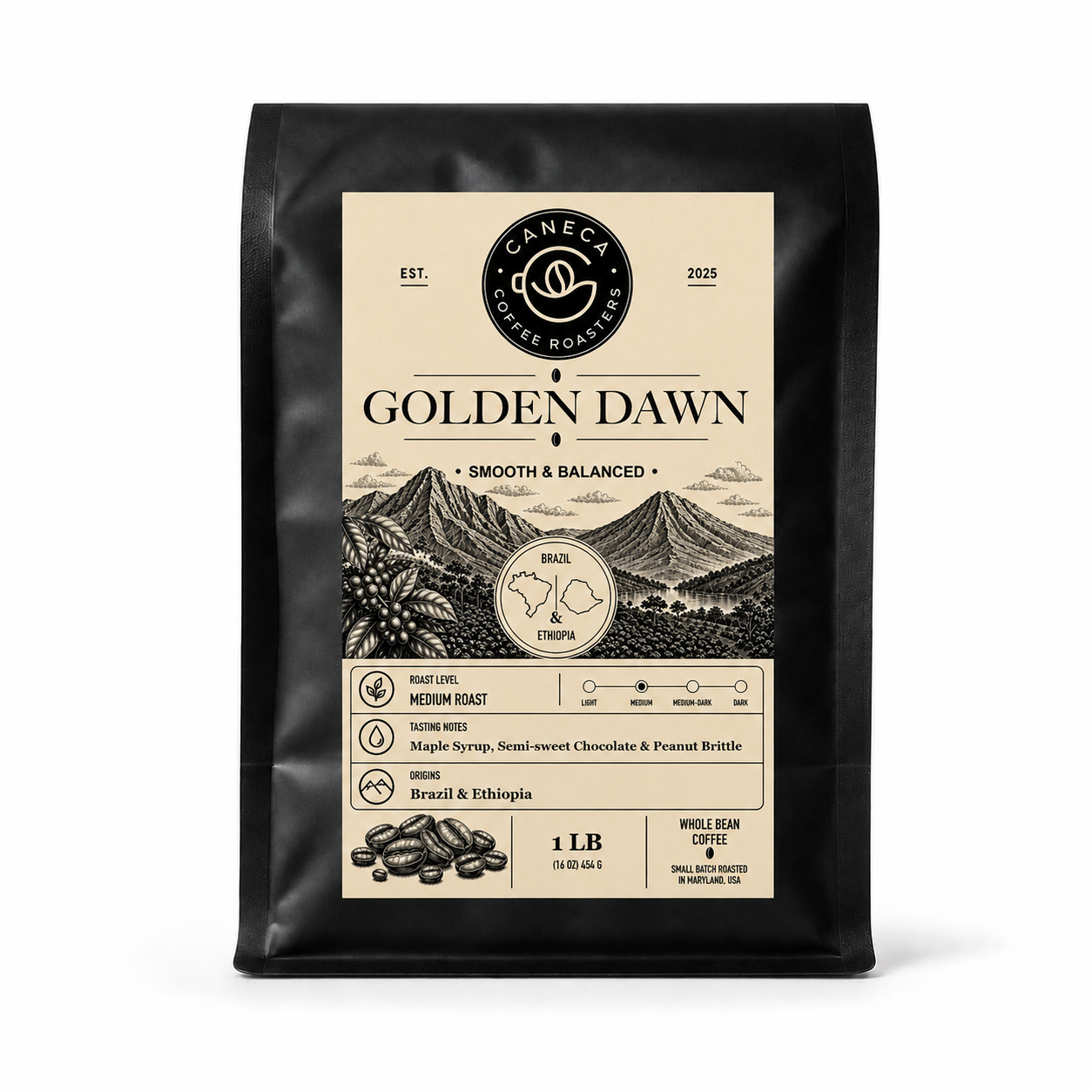 CANECA Golden Dawn Blend whole bean medium roast coffee bag with champagne-gold label on a white background
