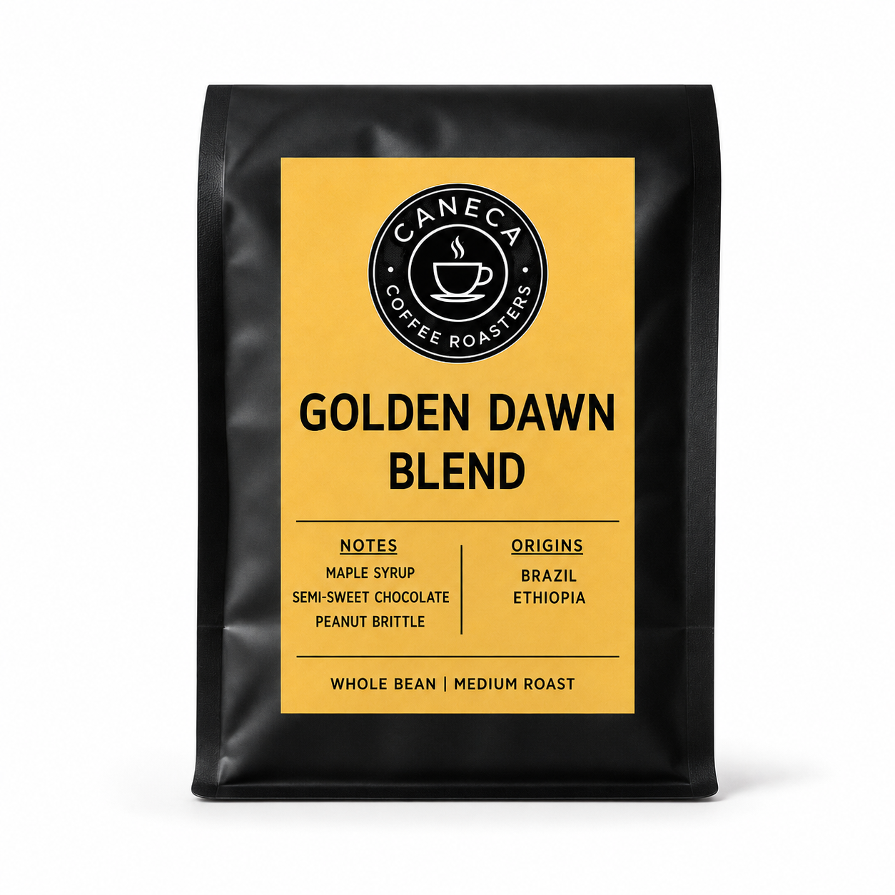 CANECA Golden Dawn Blend whole bean medium roast coffee bag on a white background