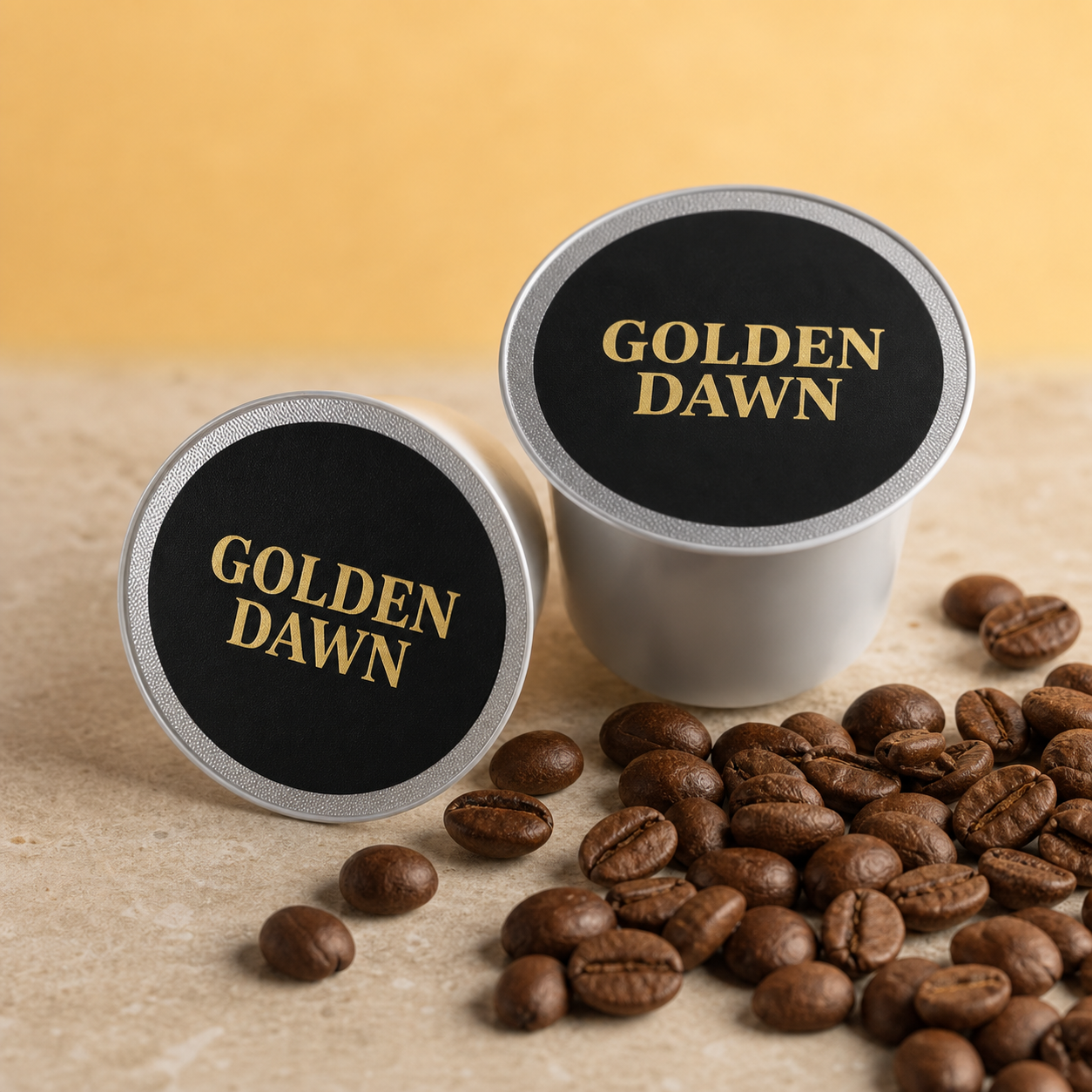 CANECA Golden Dawn medium roast K-Cups with freshly roasted coffee beans