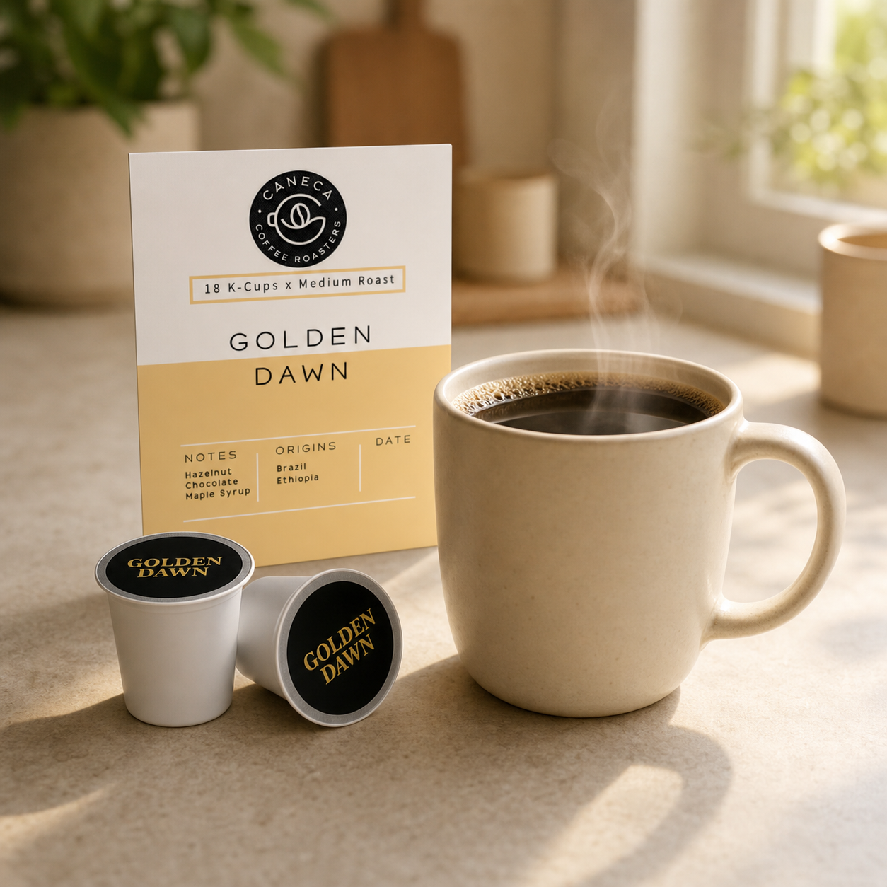 CANECA Golden Dawn medium roast K-Cups beside a freshly brewed cup