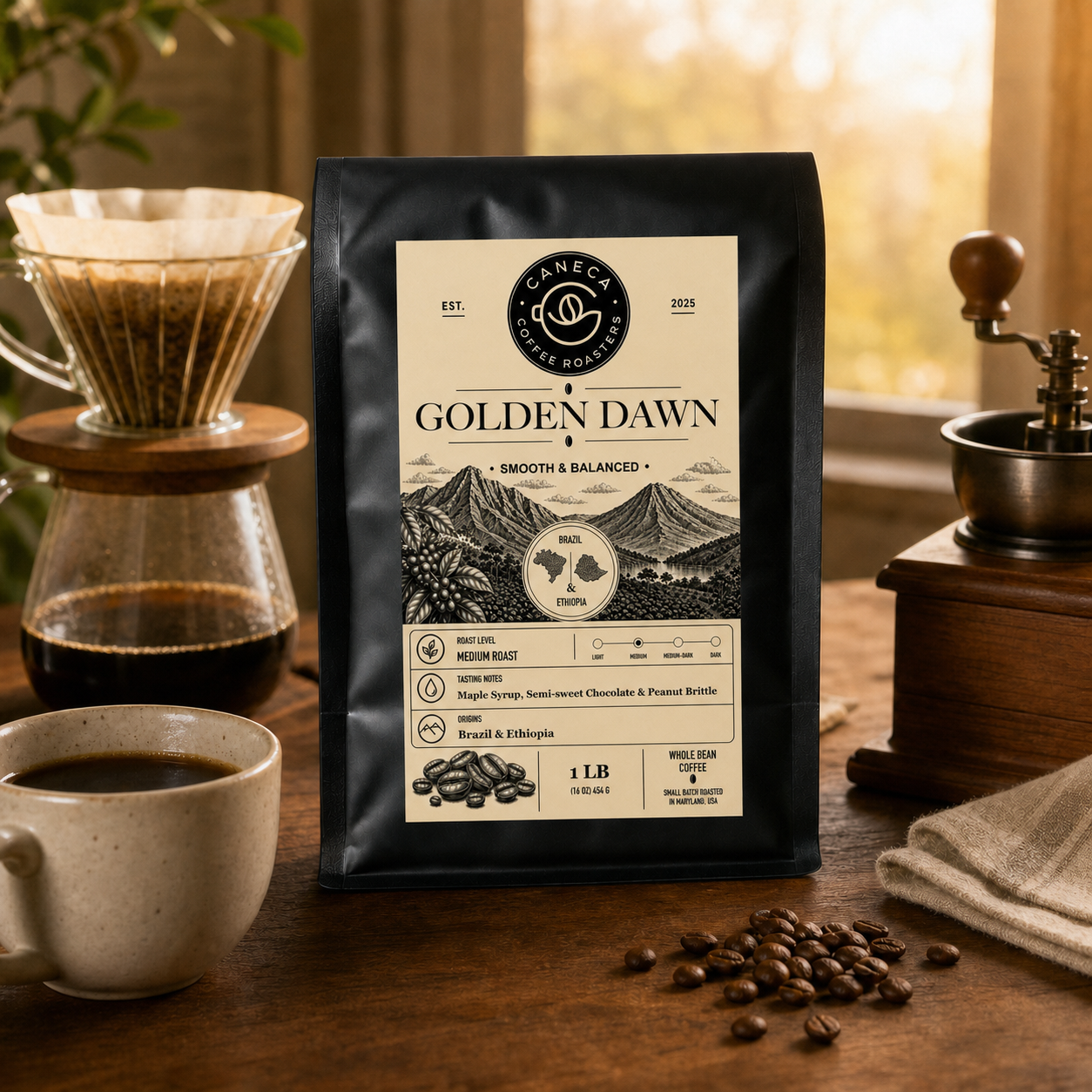 CANECA Golden Dawn Blend medium roast coffee with champagne-gold label in a warm brewing lifestyle scene