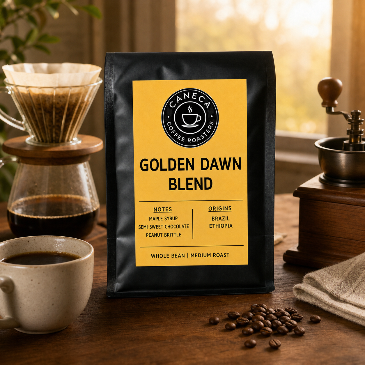 CANECA Golden Dawn Blend medium roast coffee with pour-over brewer, grinder and cup