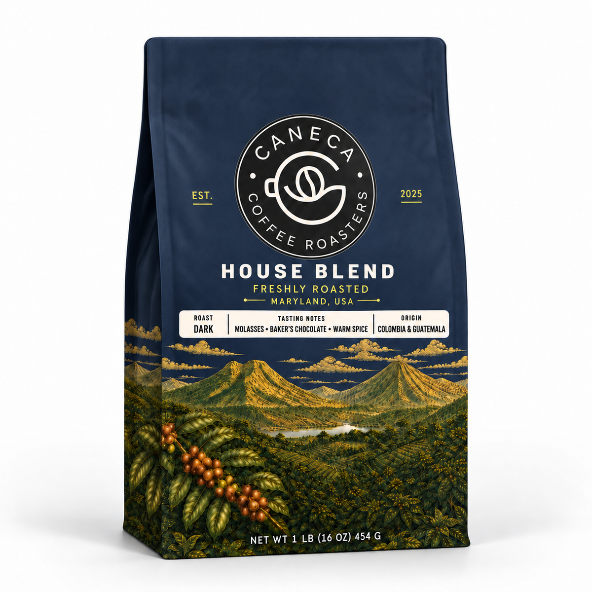 CANECA House Blend dark roast coffee in new navy illustrated packaging