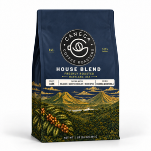 CANECA House Blend dark roast coffee in new navy illustrated packaging