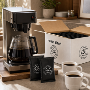 CANECA House Blend fractional packs with glass-carafe brewer for hospitality service