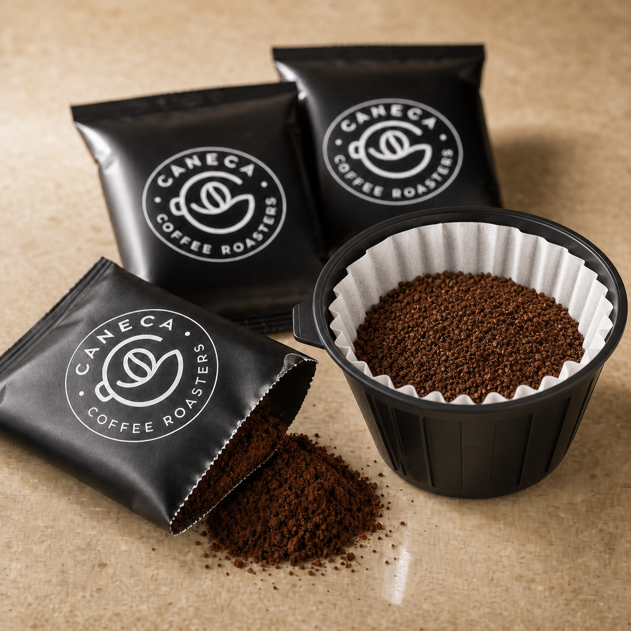 CANECA House Blend fractional packs with pre-ground coffee and commercial drip filter basket