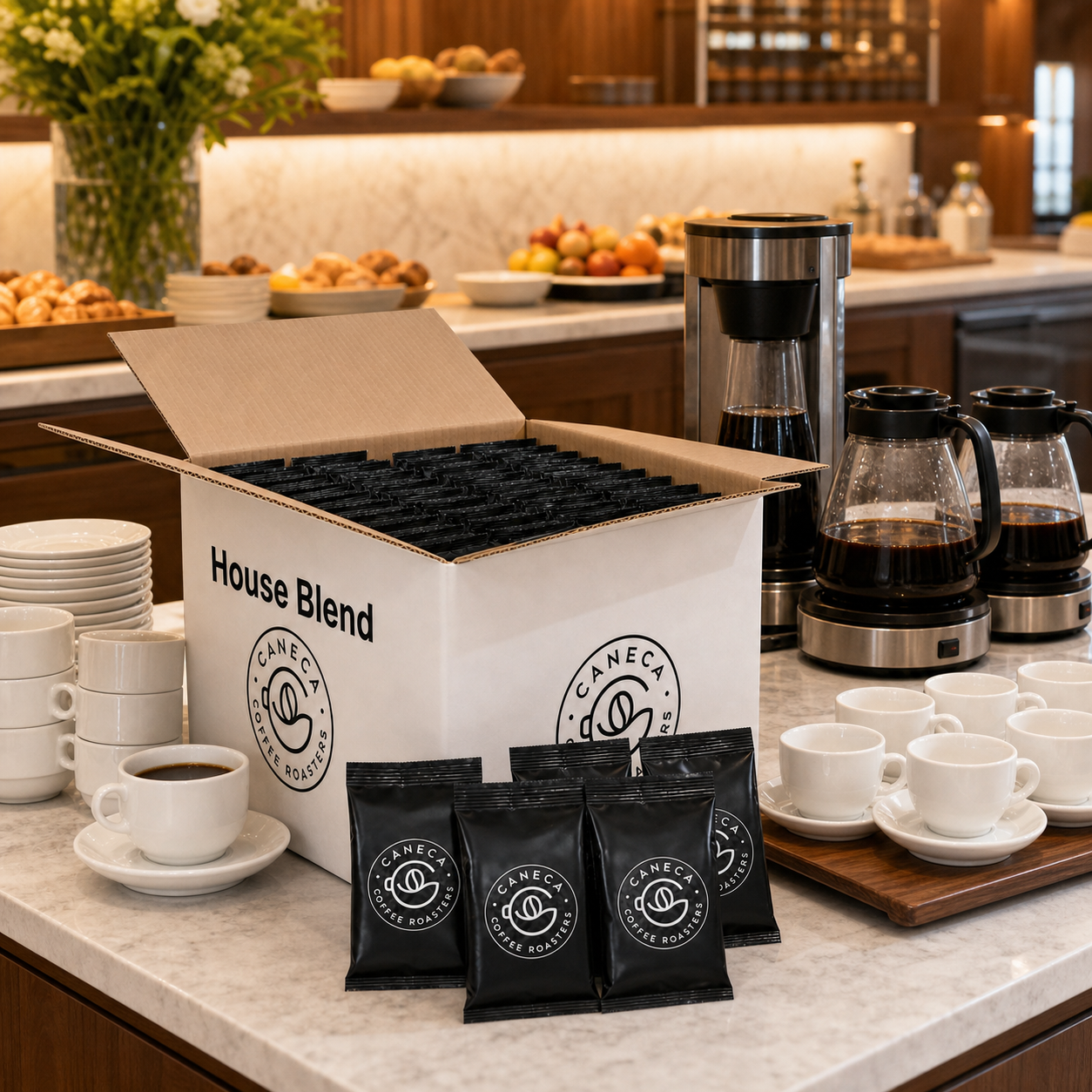 CANECA House Blend case with commercial brewers and guest-ready coffee cups