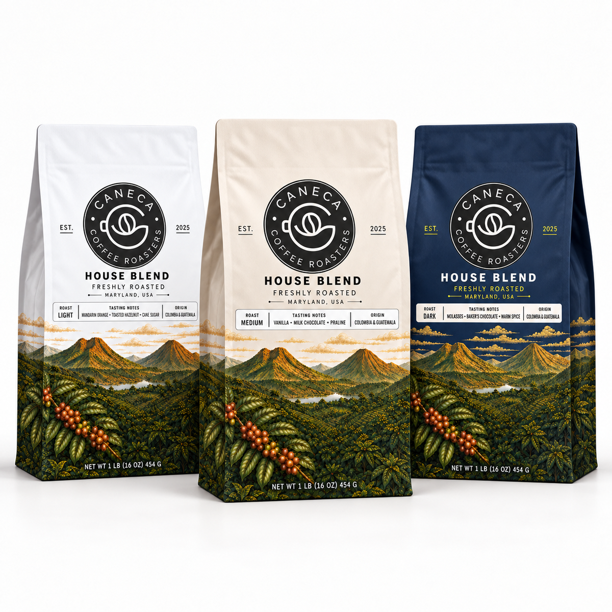 CANECA House Blend Light, Medium and Dark roast coffee packaging lineup