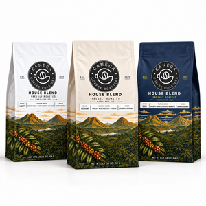 CANECA House Blend Light, Medium and Dark roast coffee packaging lineup