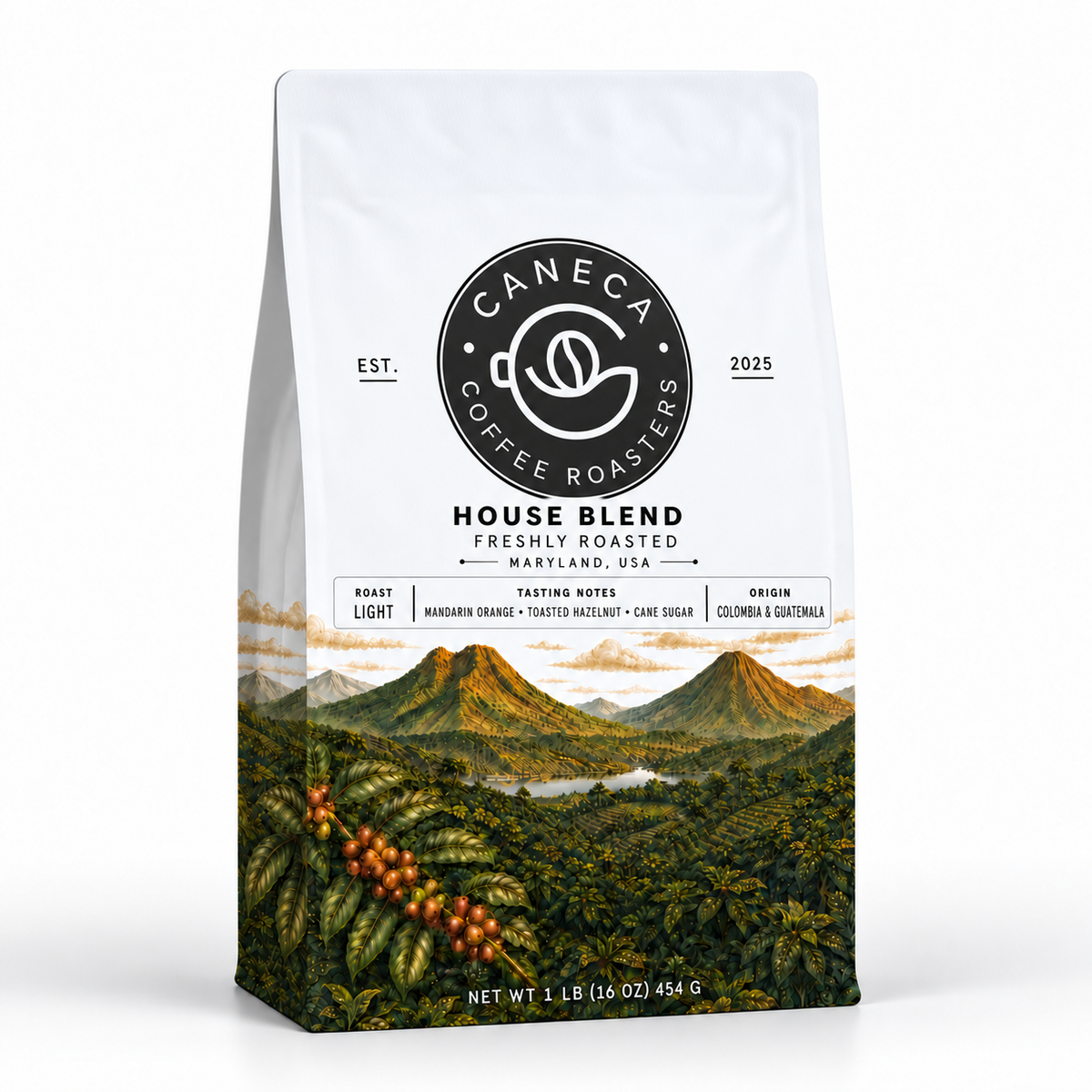 CANECA House Blend light roast coffee in new white illustrated packaging