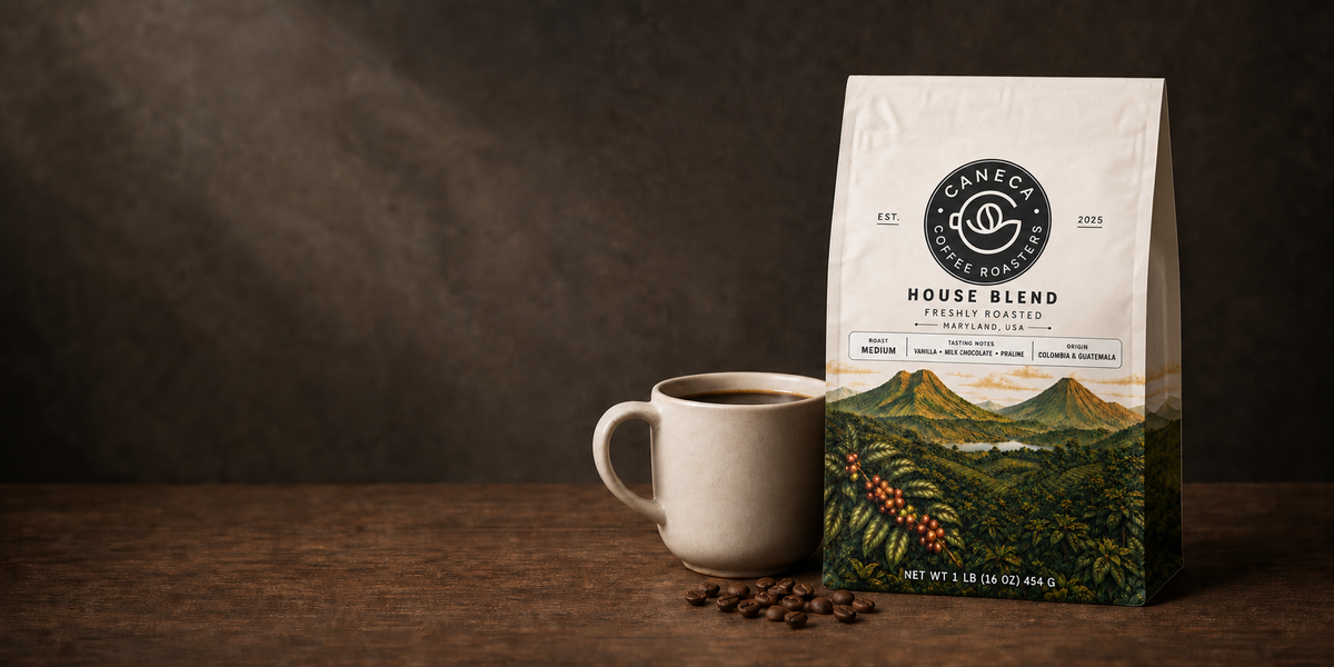 Wide CANECA House Blend medium roast website banner with copy space