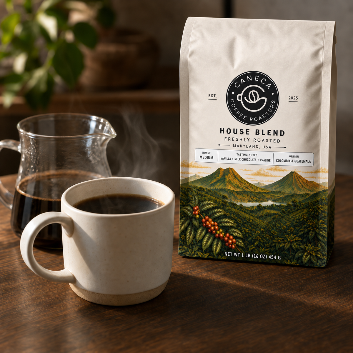 CANECA House Blend medium roast beside freshly brewed coffee