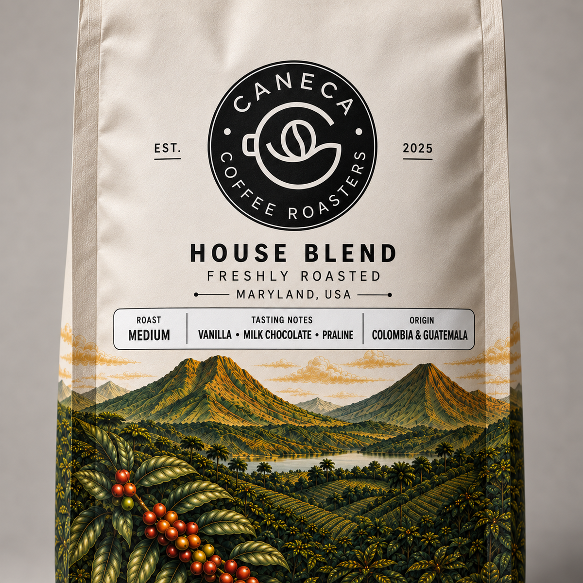 Close-up of CANECA House Blend medium roast new packaging and tasting profile