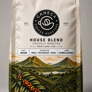 Close-up of CANECA House Blend medium roast new packaging and tasting profile