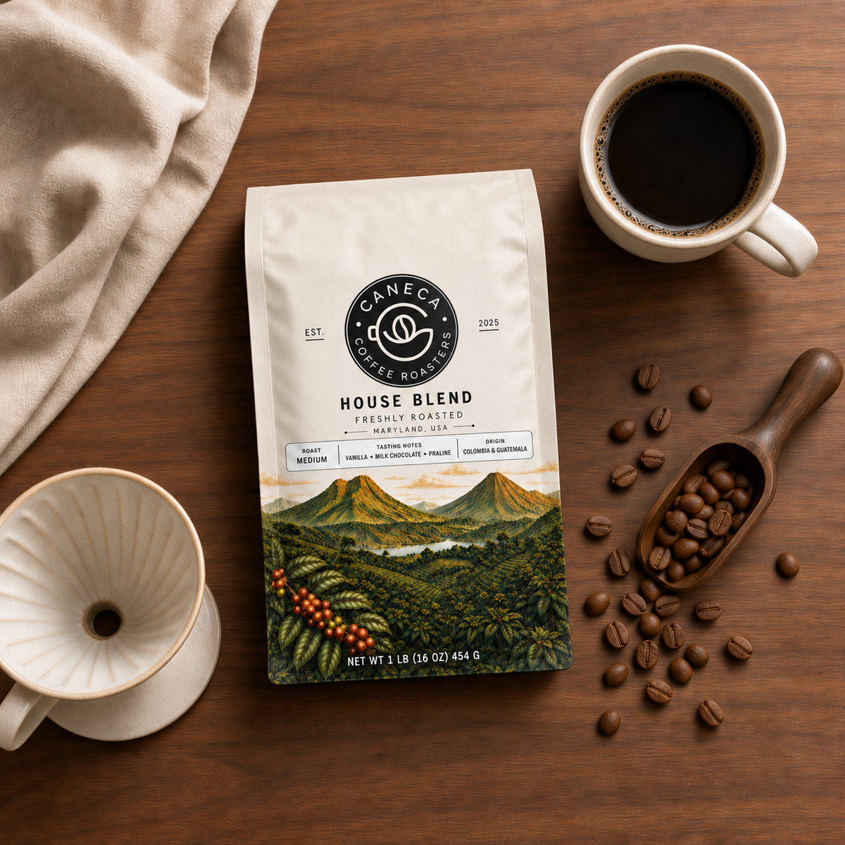 Overhead flat lay of CANECA House Blend medium roast and brewing tools